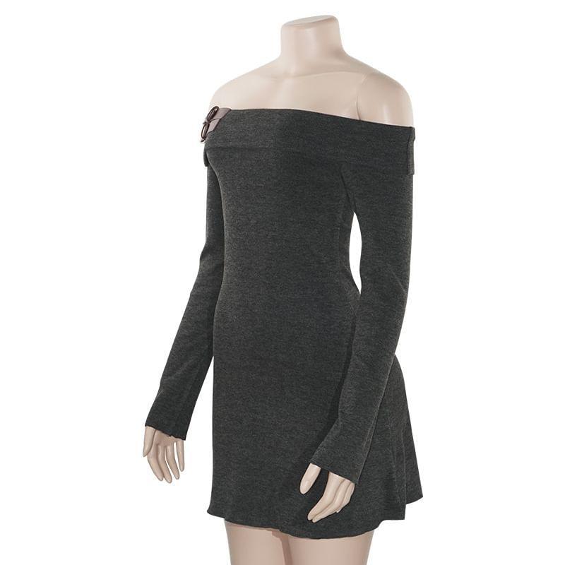 Long-Sleeve Off-Shoulder Belt-Detail Plain Mini Bodycon Dress Product Image