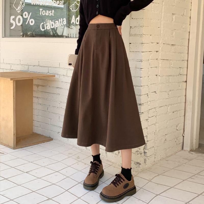 High Waist Plain Midi A-Line Skirt Product Image
