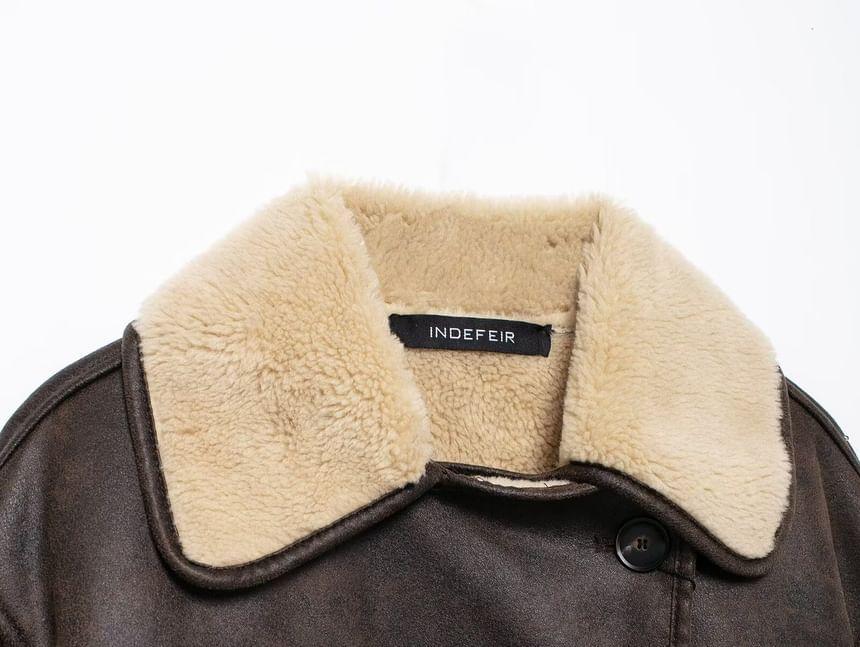 Plain Fluffy Trim Faux Leather Single-Breasted Jacket Product Image