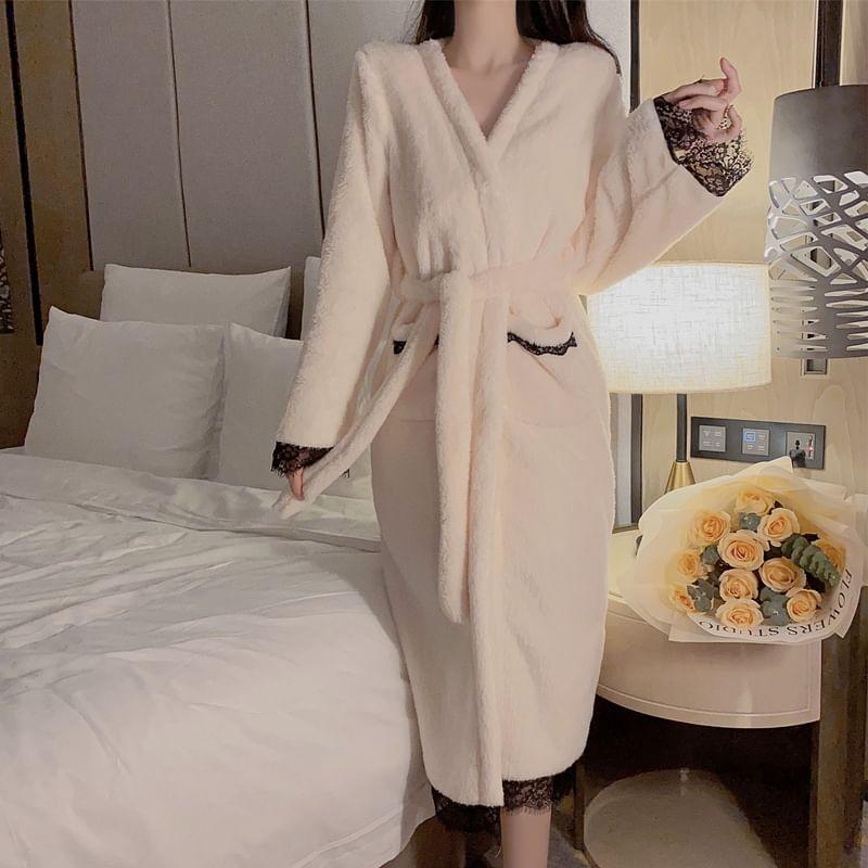Sleeveless V-Neck Bow Accent Contrast Lace Trim Fleece Nightdress / Pajama Robe / Set Product Image