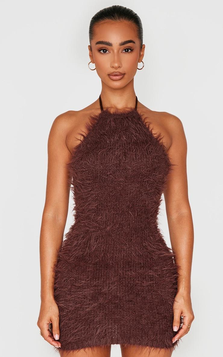 Petite Chocolate Fluffy Knit Halterneck Mini Dress Product Image