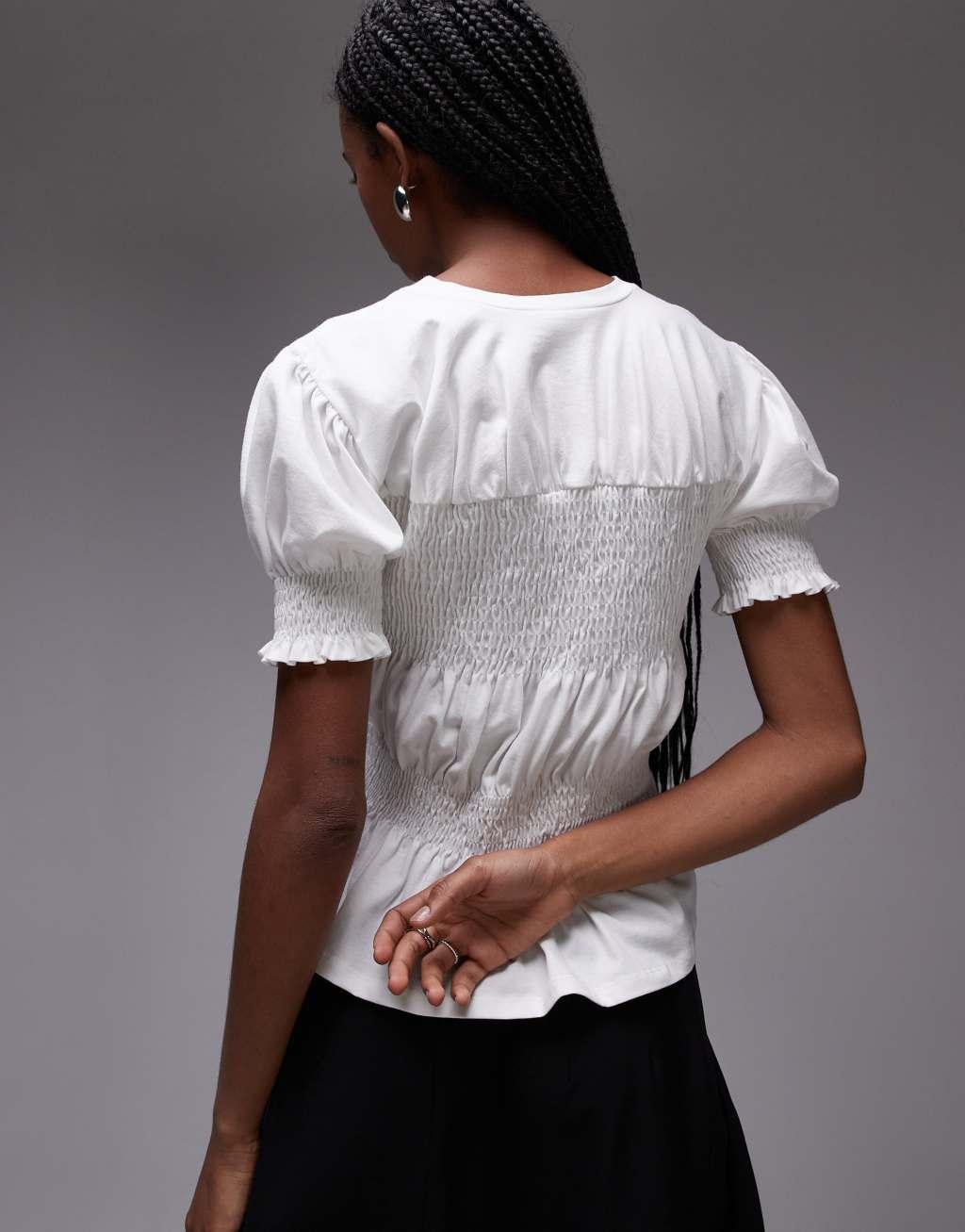 Topshop shirred panel tee in white Product Image