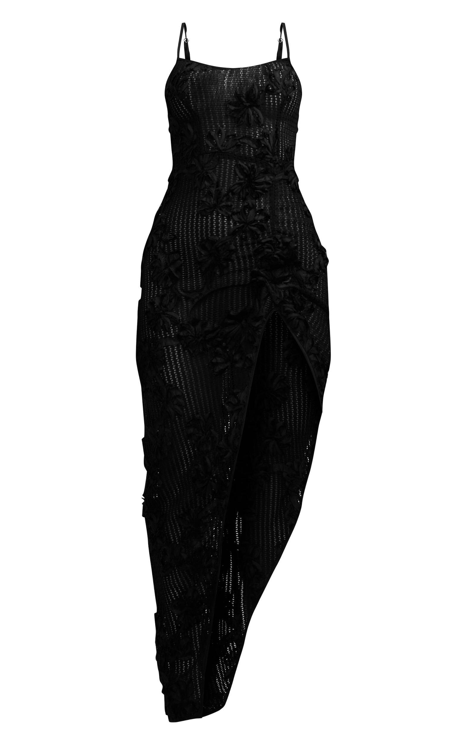 Black Crochet Floral Detail Ruched Midi Dress Product Image