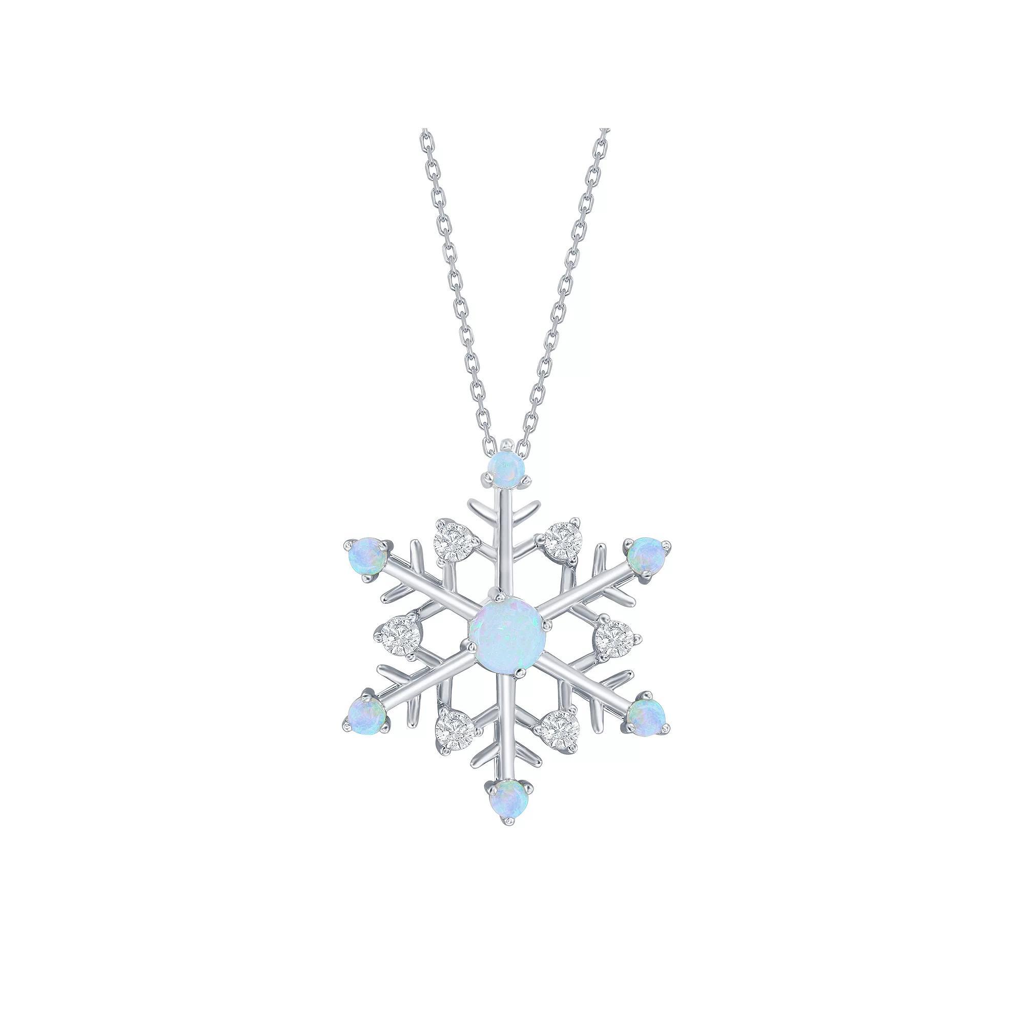 Sterling Silver Opal & Cubic Zirconia Snowflake Pendant Necklace, Womens White Product Image