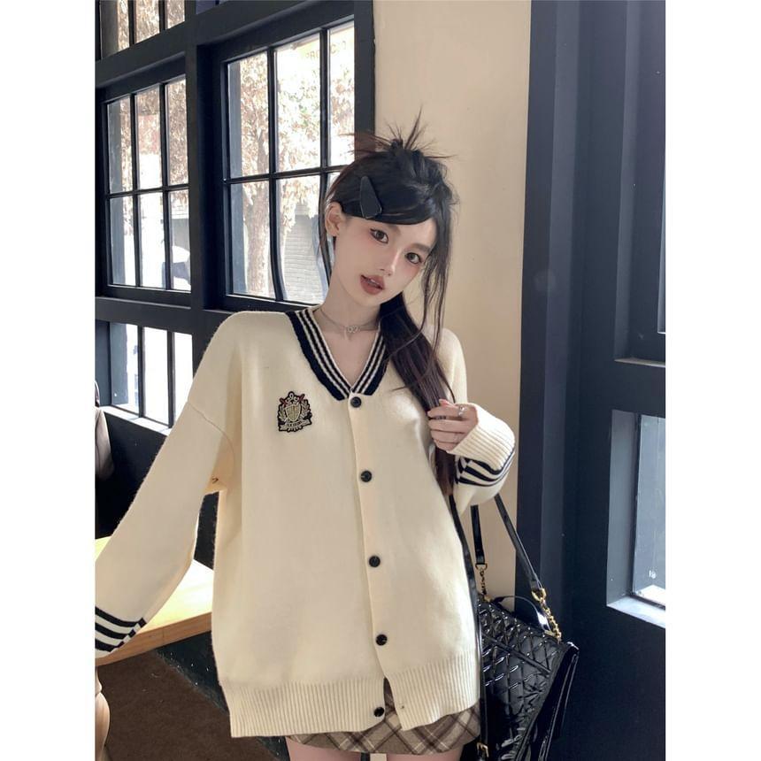 V-Neck Embroidered Striped Trim Button-Up Cardigan Product Image