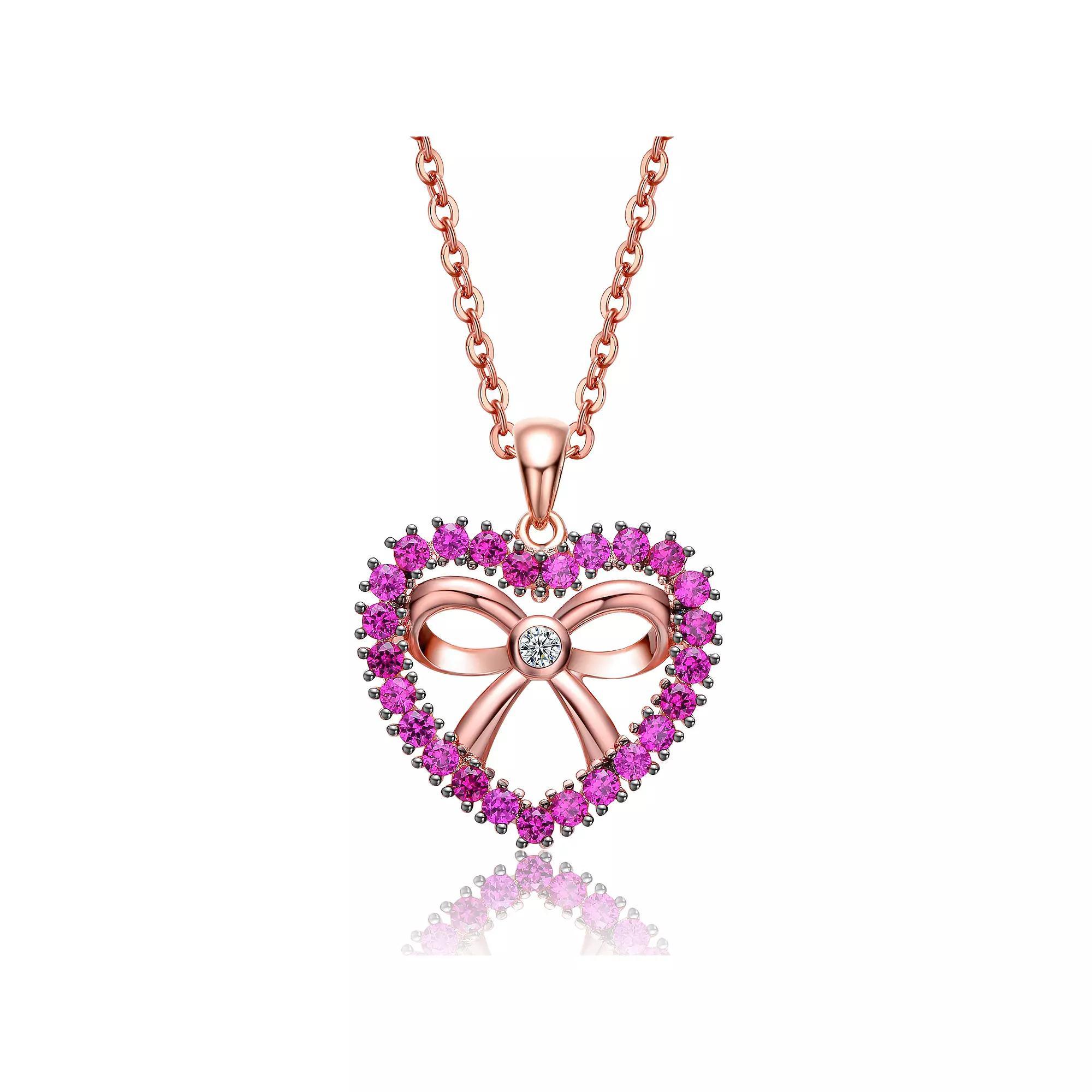 18k Rose Gold Plated Purple Cubic Zirconia Heart & Ribbon Pendant Necklace, Womens Pink Tone Product Image