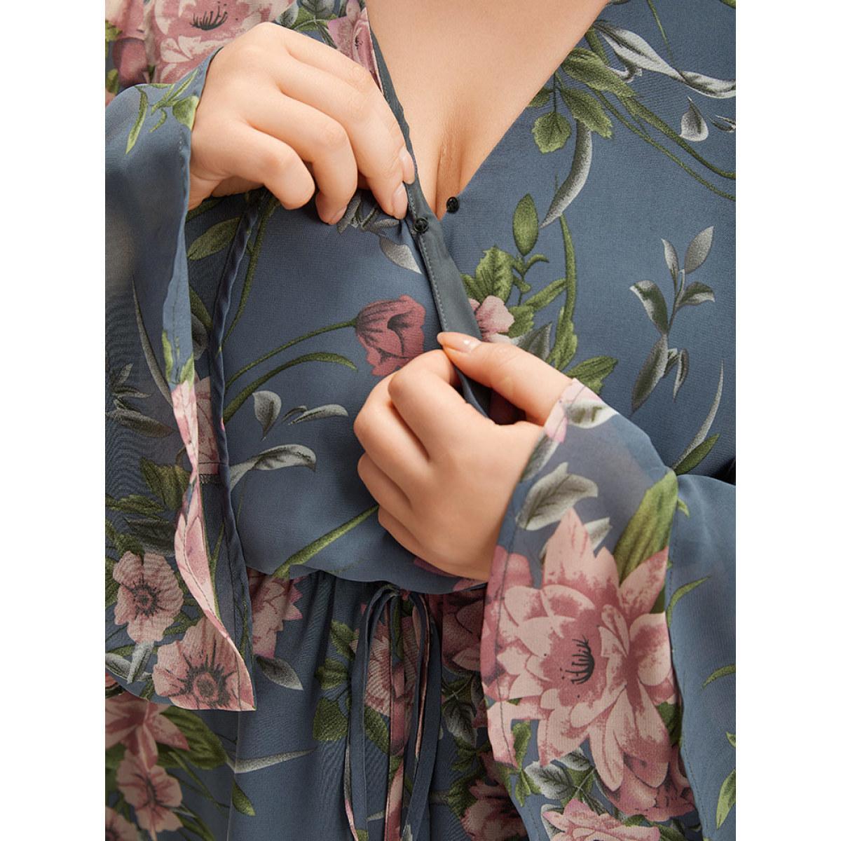 Plus Size Stone Floral Print Wrap Tiered Bell Sleeve Elastic Waist Blouse Women Elegant Long Sleeve V-neck Dailywear Blouses BloomChic 12/L Product Image