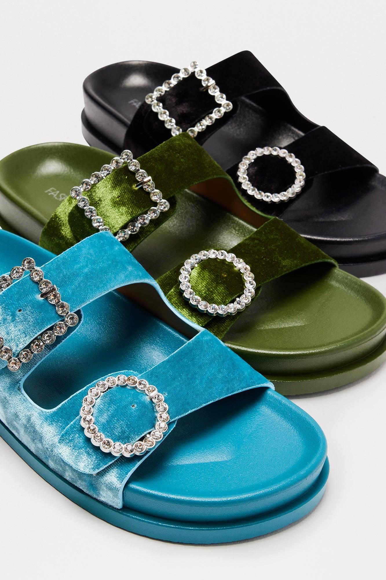 Ivona Rhinestone Buckle Velvet Sandals - Blue Product Image