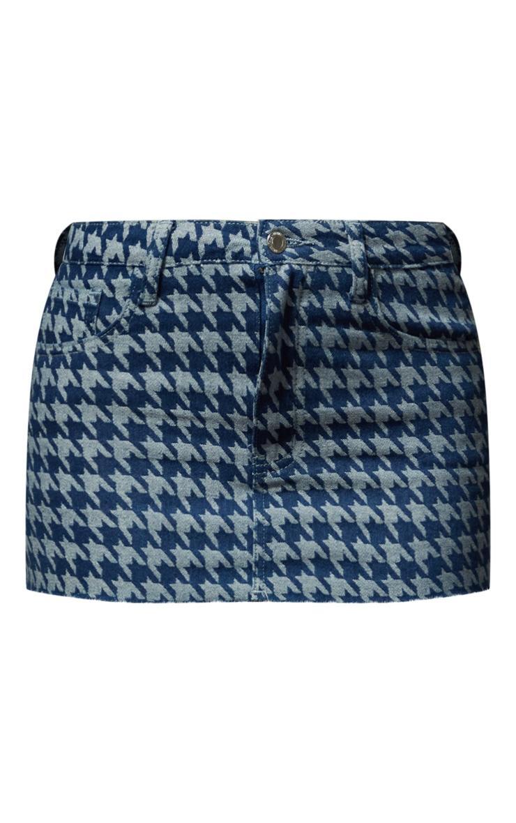 Blue Houndstooth Print Raw Hem Denim Micro Mini Skirt Product Image