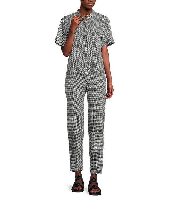 Eileen Fisher Puckered Organic Linen Gingham Mandarin Collar Short Sleeve Coordinating Top Product Image
