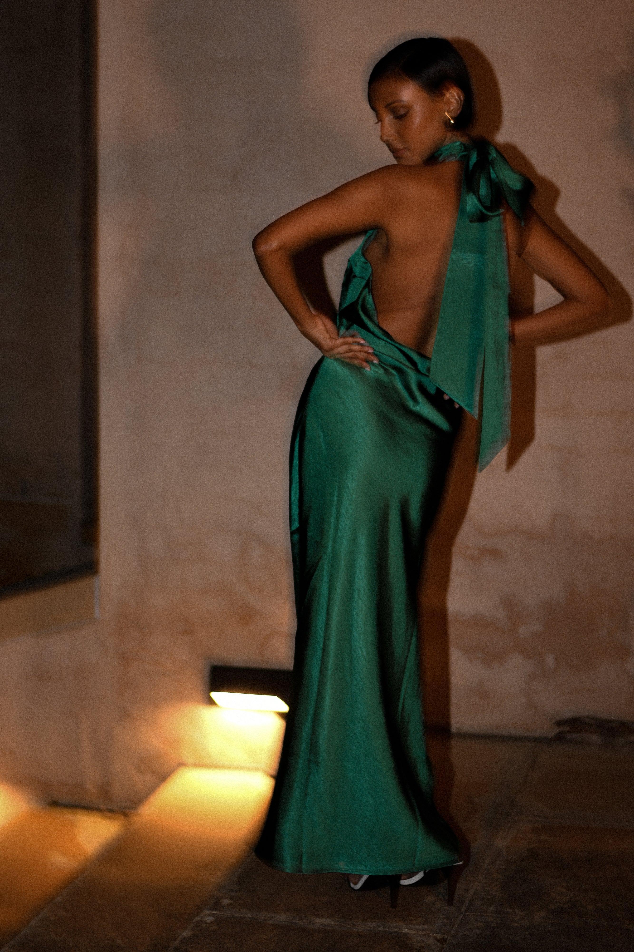 Paulette Satin Midi Dress With Bow - Emerald Product Image