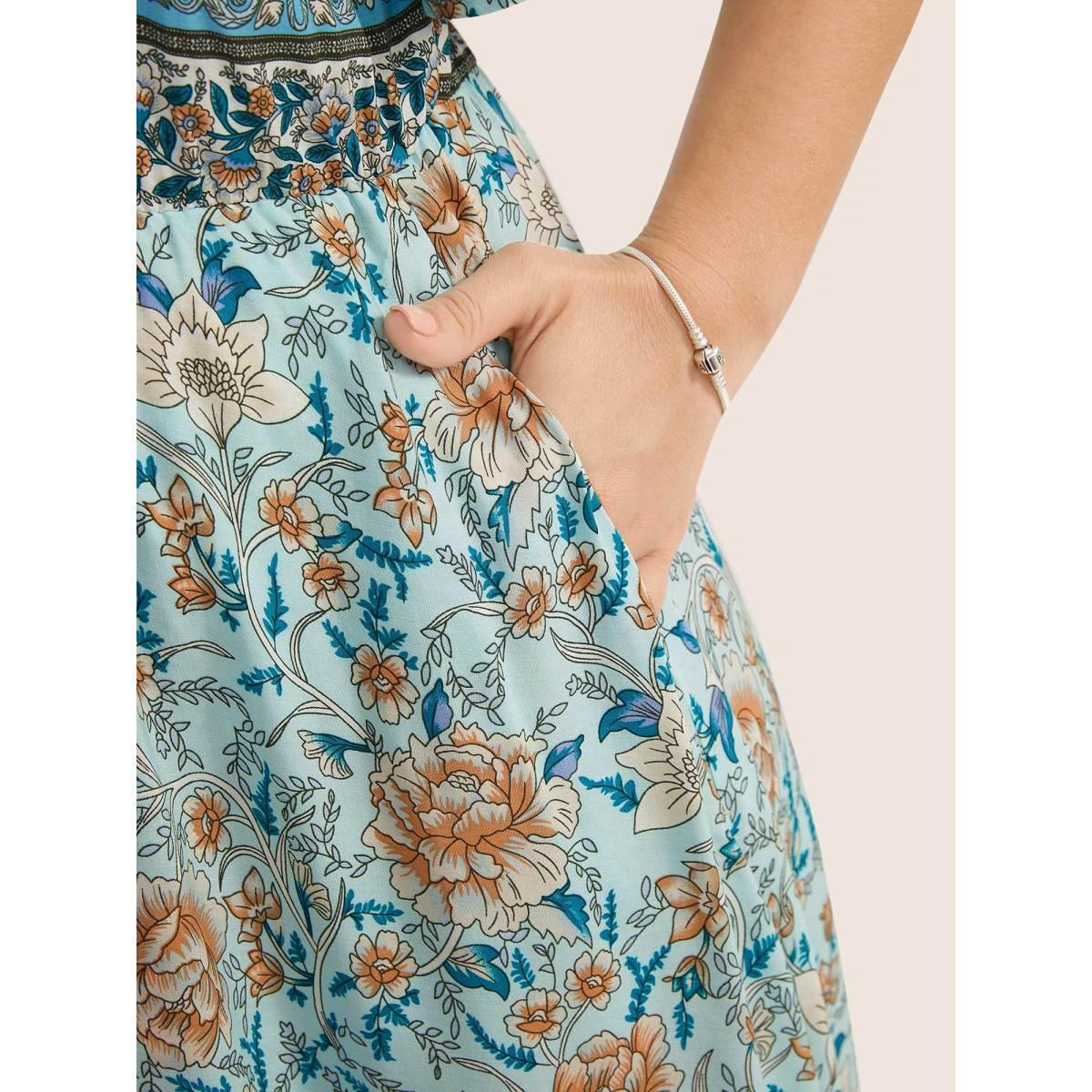 Plus Size Floral Print Pocket Keyhole Ruffles Cold Shoulder Maxi Dress Emerald Women Resort Non Non Half Sleeve Curvy Long Dress BloomChic 26/4X Product Image