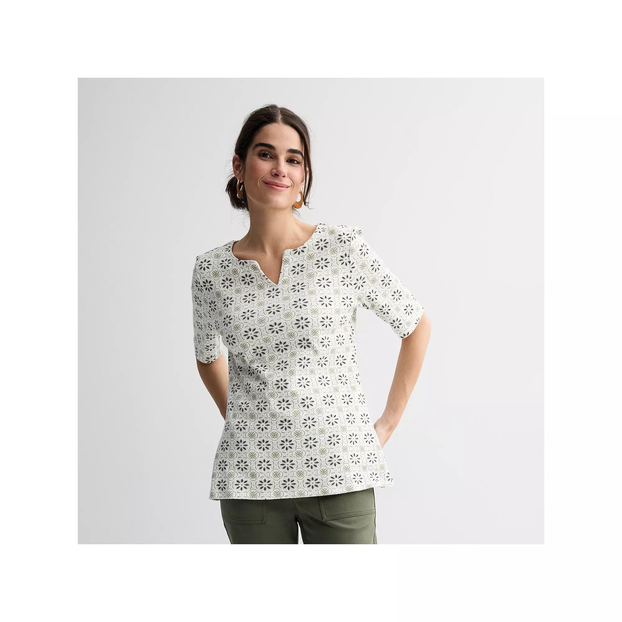 Petite Croft & Barrow® Elbow Sleeve Splitneck Top, Women's, Size: XS Petite, Red Ageless Tile Product Image