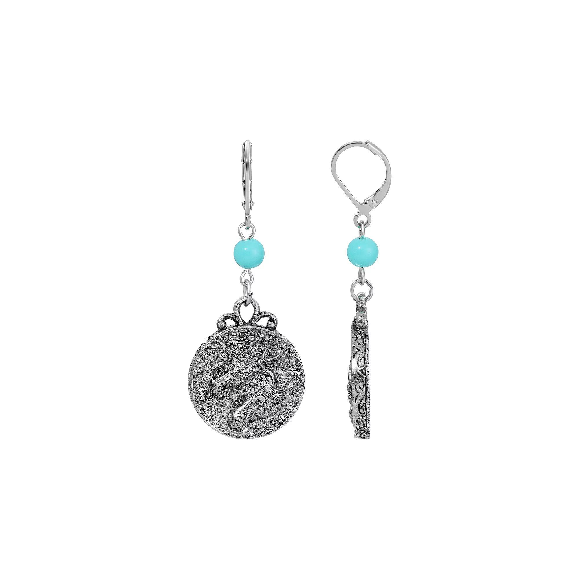 1928 Silver Tone Simulated Turquoise Bead Horse Medallion Drop Earrings, Womens Product Image