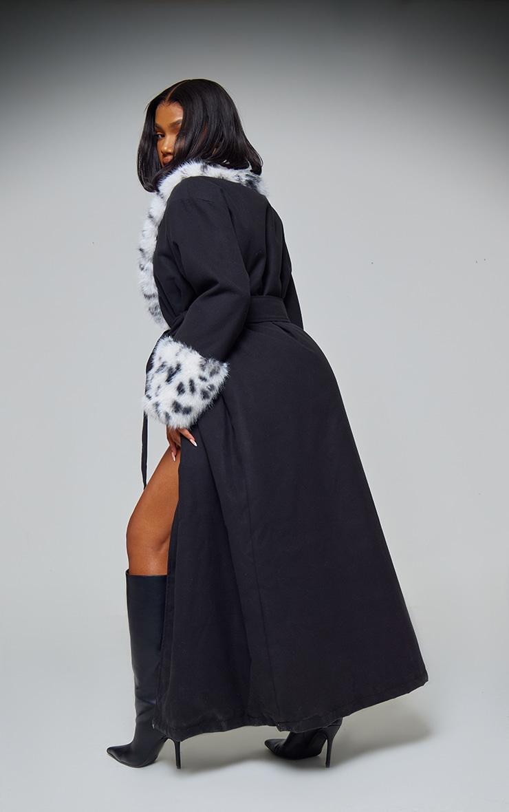 Black Faux Fur Trim Contrast Wool Look Maxi Coat Product Image