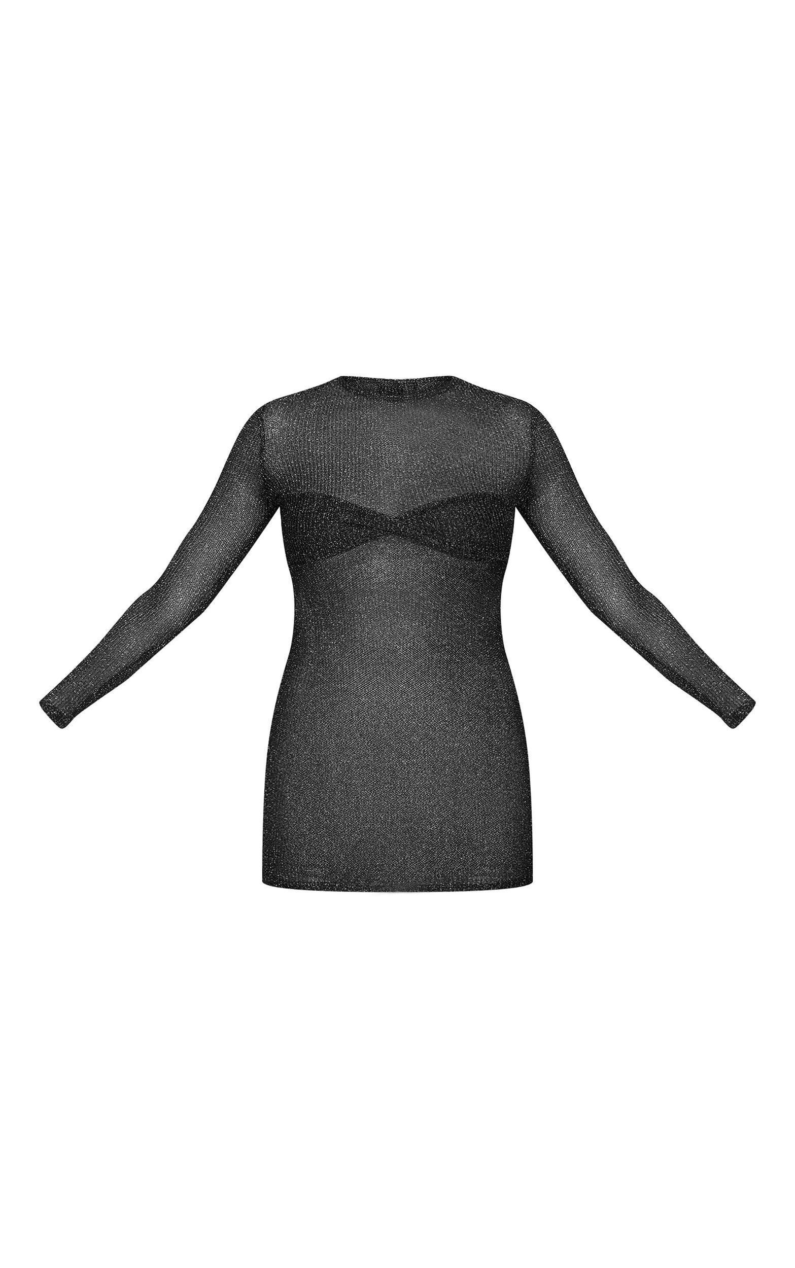 Black Metallic Ribbed Twist Bust Long Sleeve Mini Dress Product Image