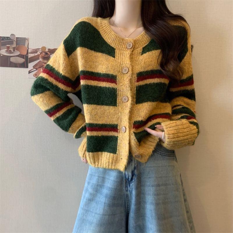 Crewneck Striped Button-Up Cardigan Product Image