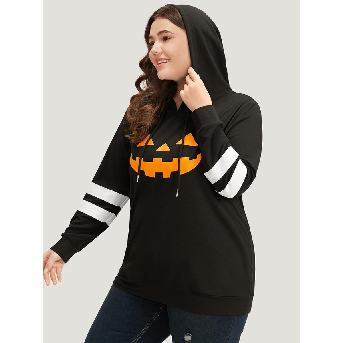 Plus Size Halloween Print Striped Patchwork Hooded Drawstring Sweatshirt Women Burgundy Casual Elastic cuffs Festival-Halloween Sweatshirts BloomChic 18-20/2X Product Image