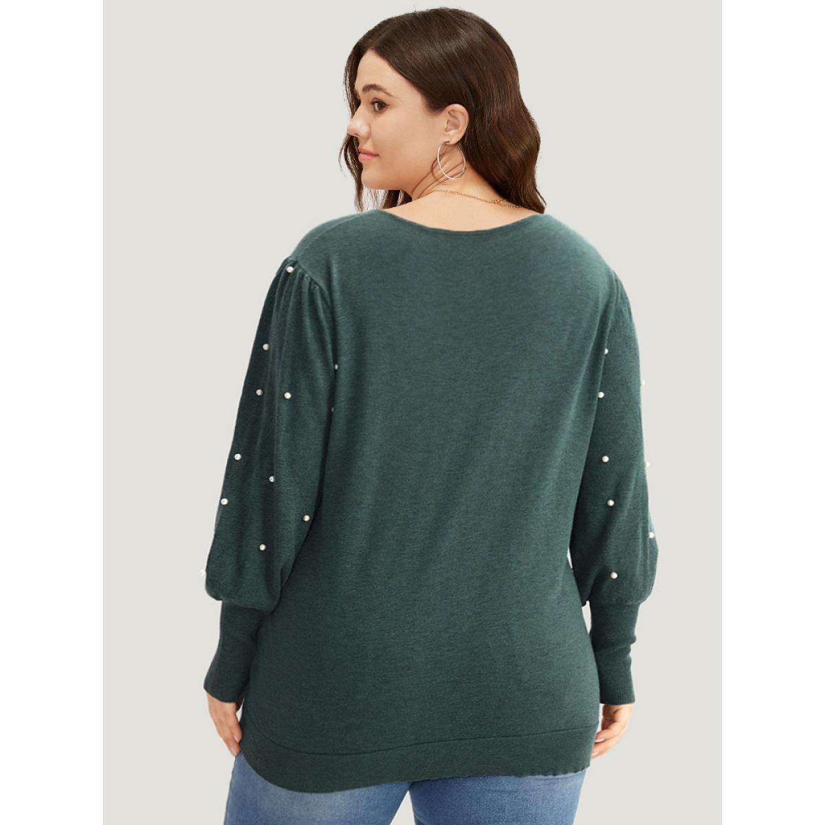 Plus Size Supersoft Essentials Solid Pearl Beaded Elastic Cuffs Pullover DarkGreen Women Casual Long Sleeve V-neck Dailywear Pullovers BloomChic 28/5X Product Image