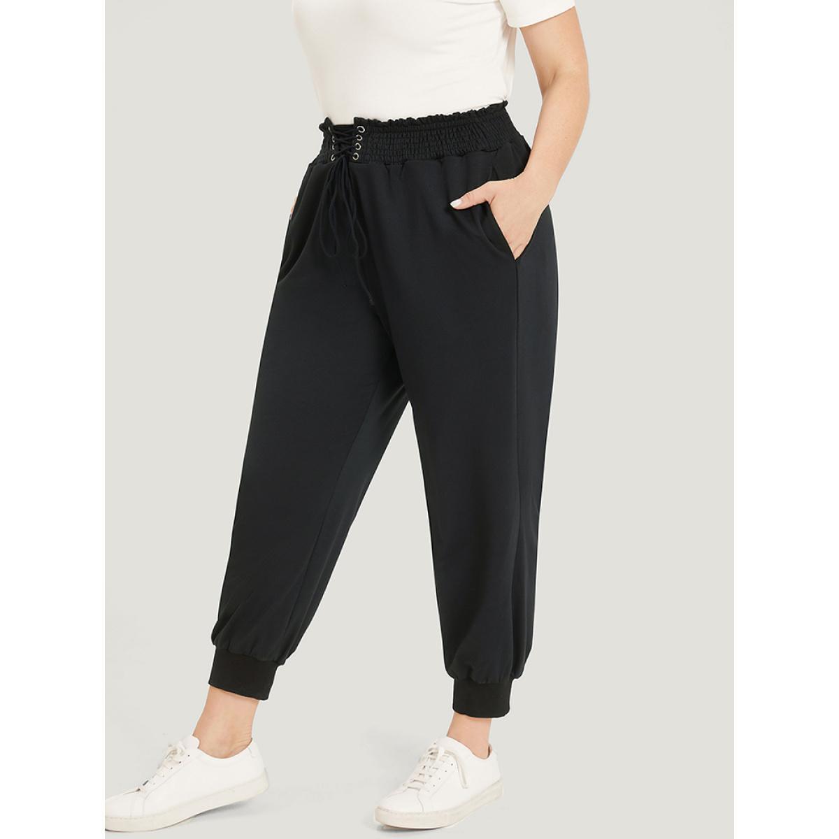 Solid Pocket Bowknot Shirred Sweatpants Black Plus Size Women Casual Dailywear Drawstring 14-16/1X Bloomchic Product Image