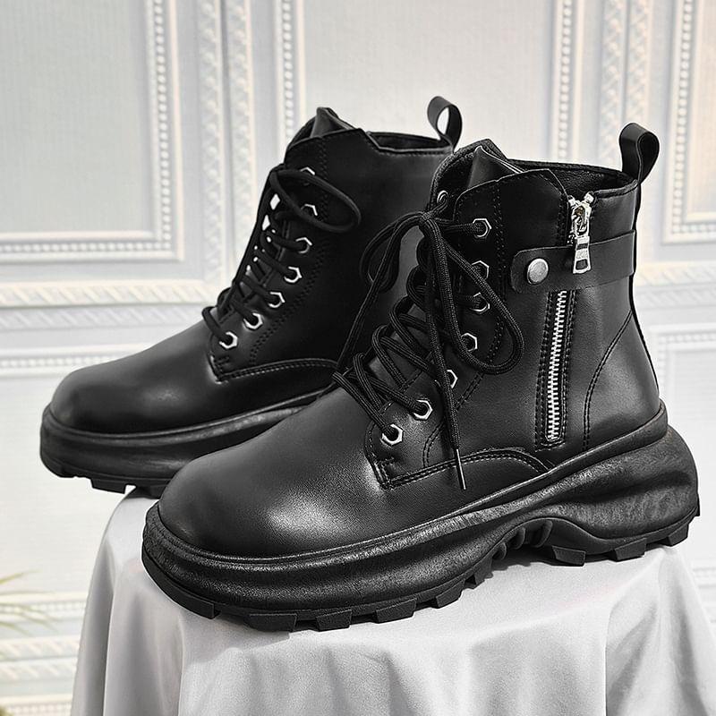 Faux Leather Platform Lace-Up Short Boots Product Image