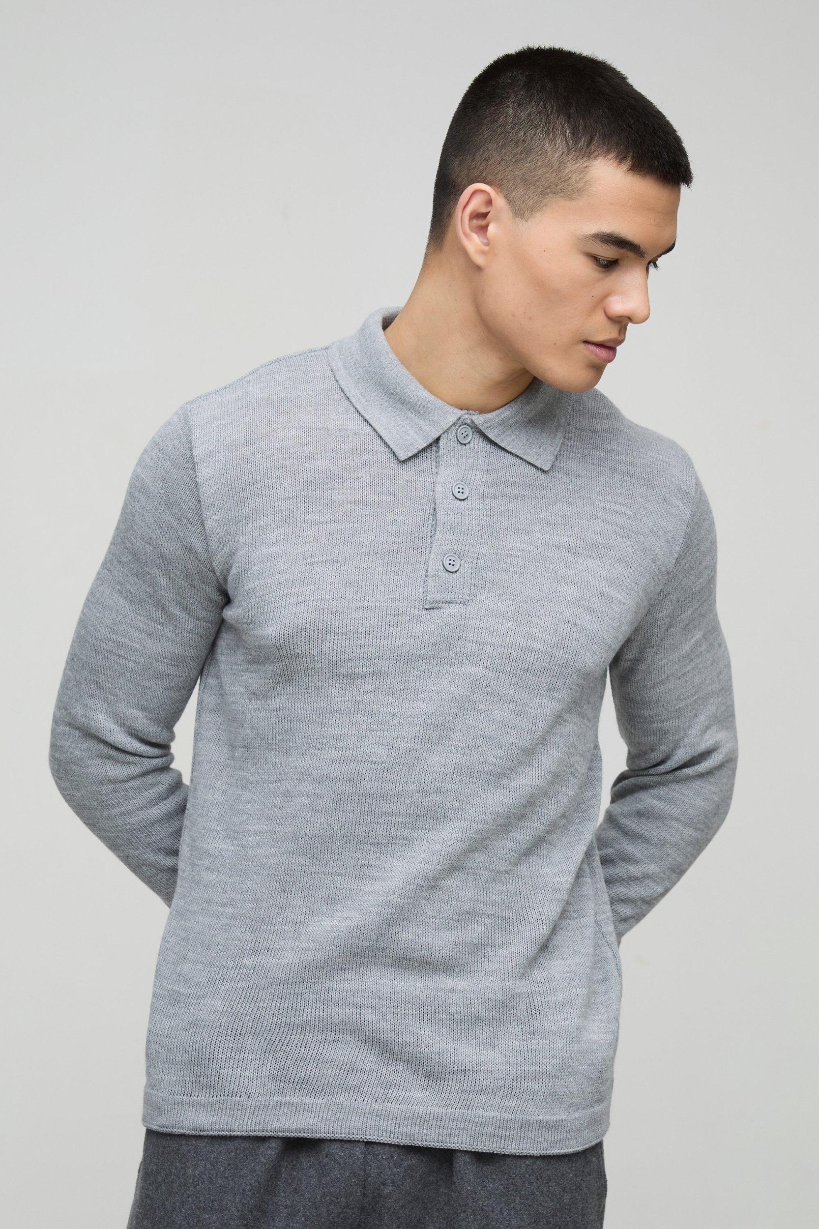 Regular Button Neck Long Sleeve Knitted Polo | boohooMAN USA Product Image