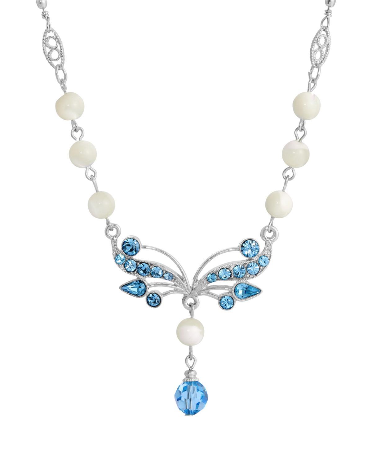 1928 Silver Tone Aqua and Simulated Oval Pearl Necklace, Womens, White Product Image