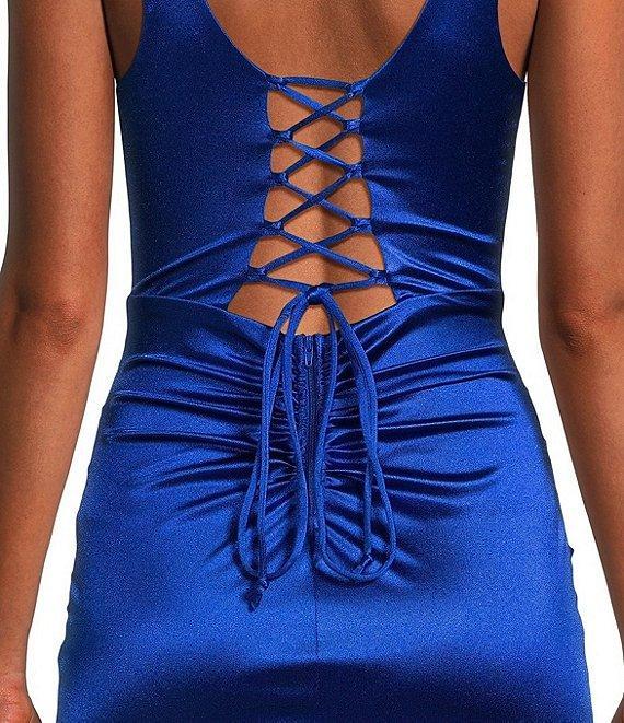 Honey and Rosie Sateen Sweetheart Neck Peek-A-Boo Lace Up Back Fitted Dress Product Image