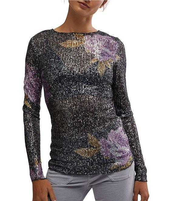 Free People Gold Rush Floral Print Sequin Crew Neck Long Sleeve Top Product Image