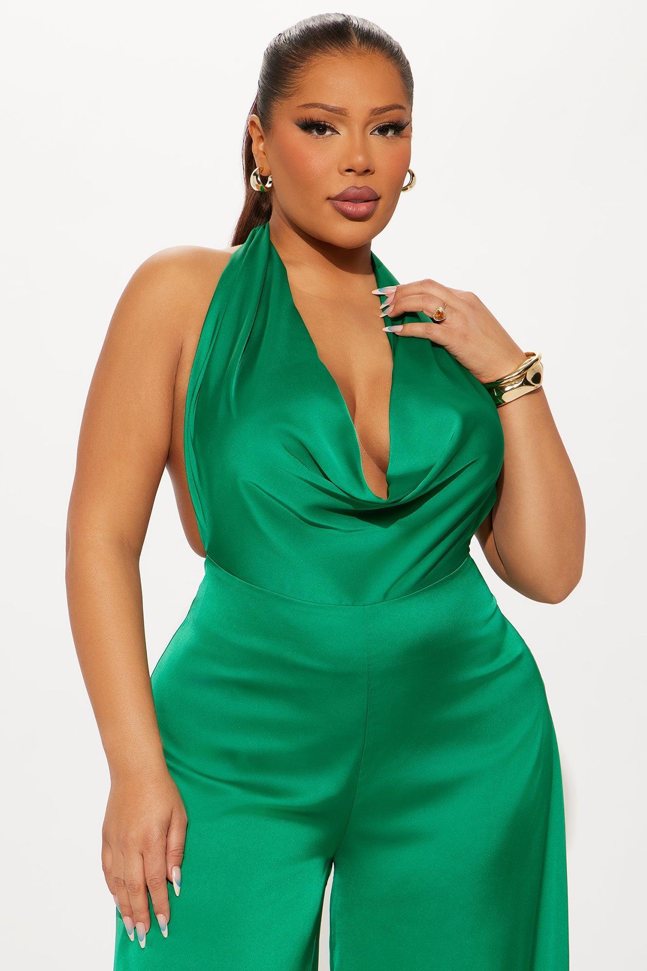 Sun and Sips Solid Satin Jumpsuit - Green Product Image