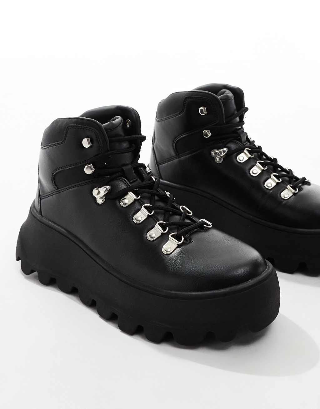 ASOS DESIGN lace up hiker boot in black with chunky sole Product Image