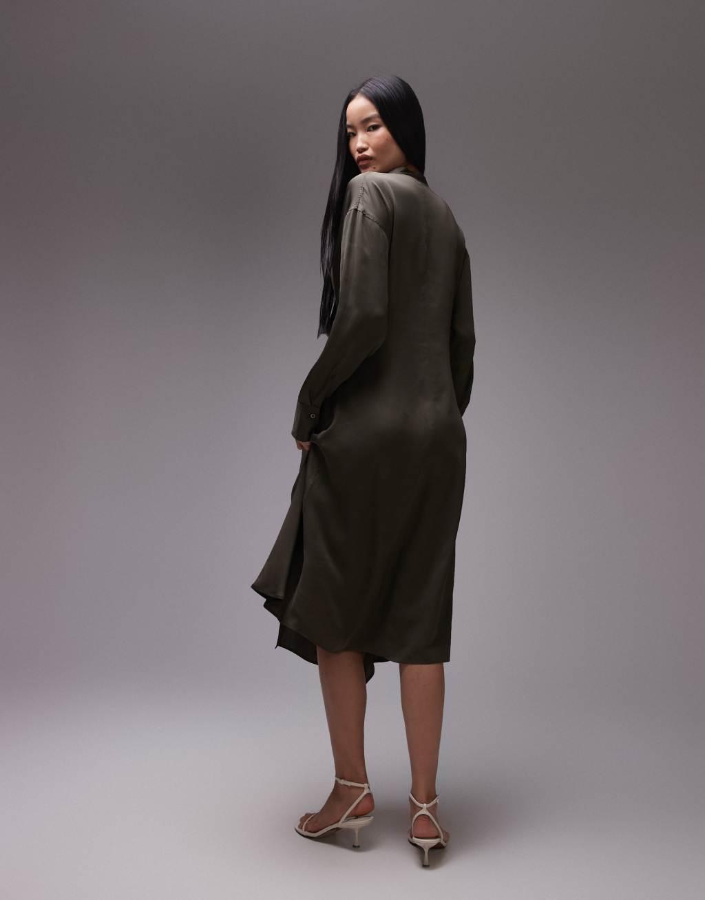 ARKET midi shirt dress with asymmetric drape detail in khaki green Product Image