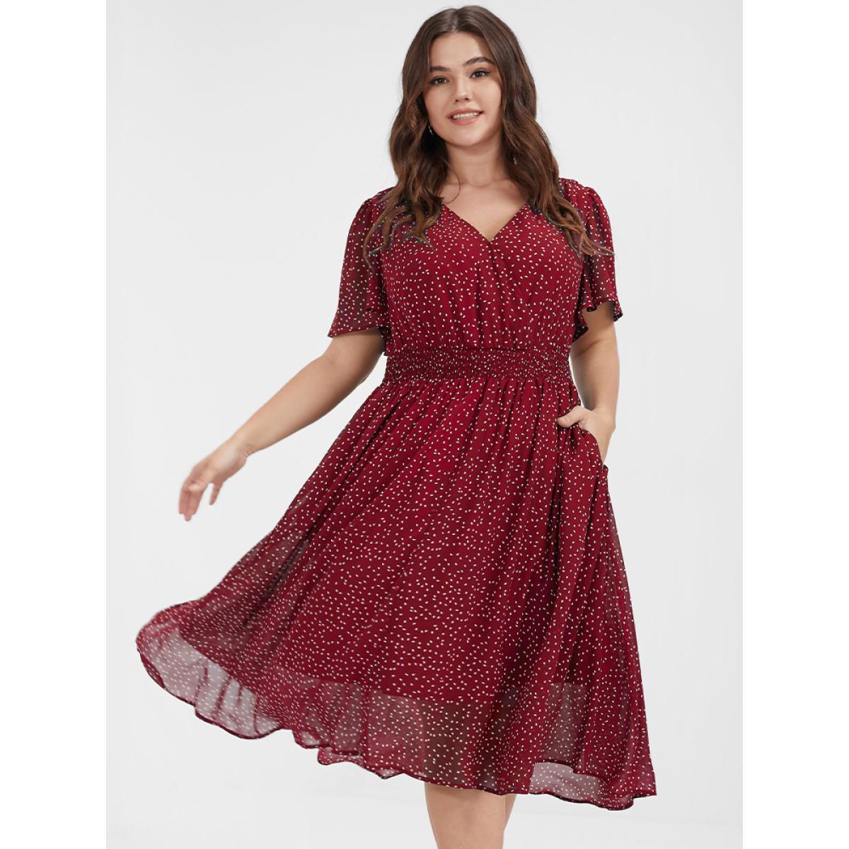 Polka Dot Printed Plus Size Women Midi Dress Dailywear Ruffle Sleeve Short Sleeve V Neck Pocket Elegance Dresses BloomChic Product Image
