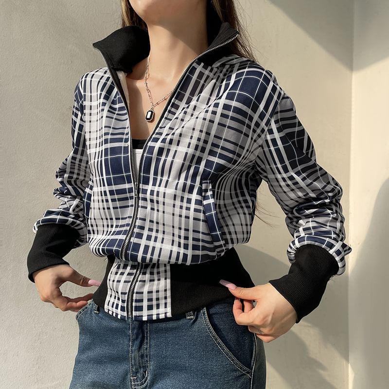 Stand Collar Plaid Zip Bomber Jacket Product Image