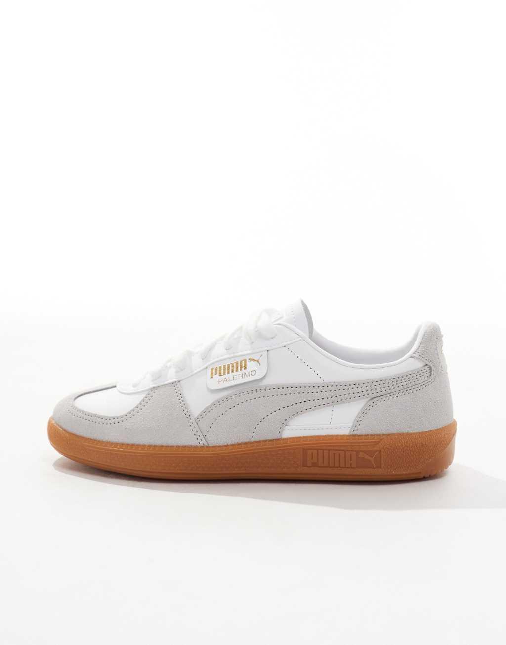 PUMA Palermo Leather sneakers with gum sole in white and gray Product Image