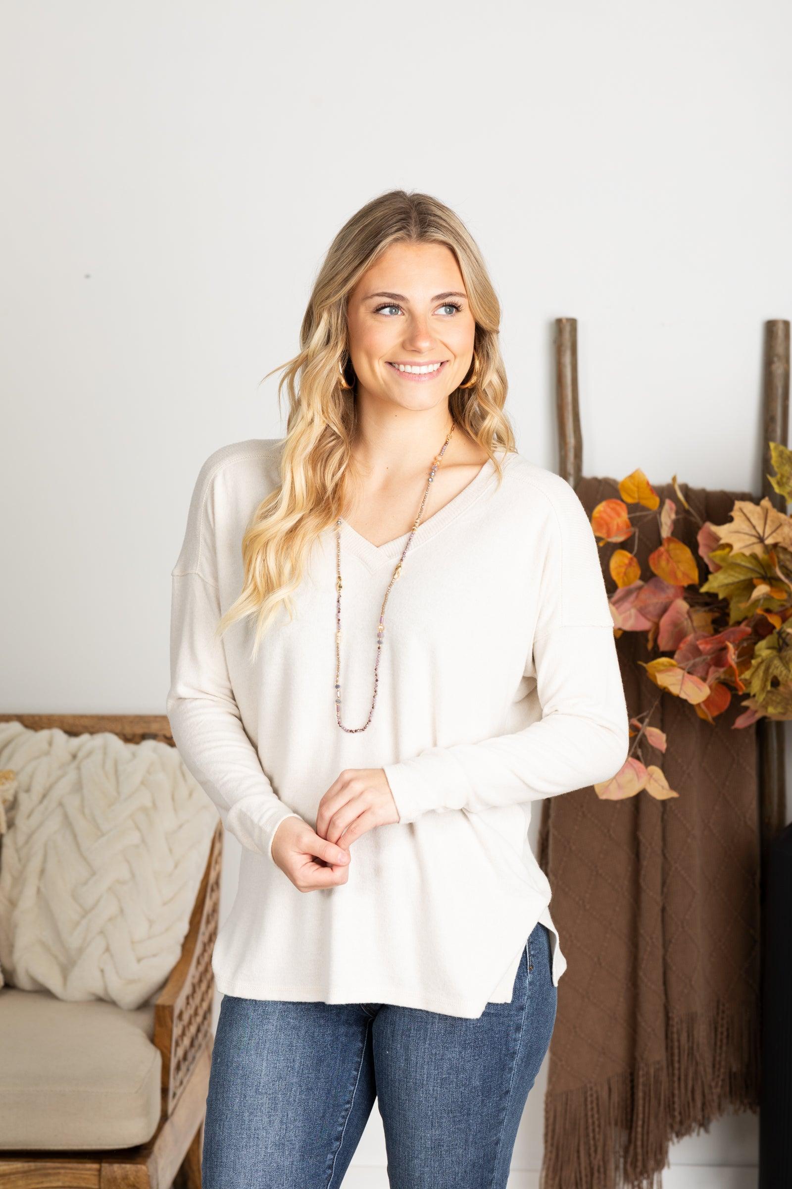 Ultra Soft V-Neck Long Sleeve Knit Top Product Image