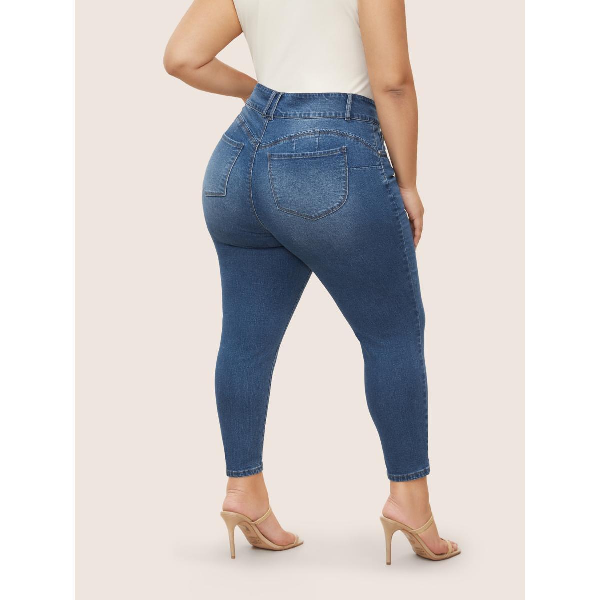 Plus Size Medium Wash Slim Cropped Jeans Women Blue Casual Button High stretch Slanted pocket Jeans BloomChic 28/5X Product Image