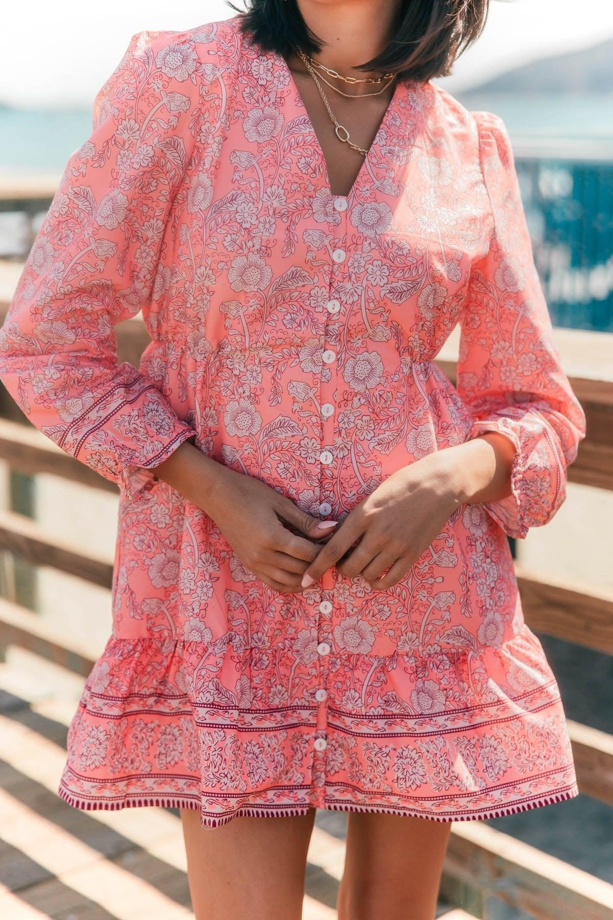 Rosie Pink Floral Print Buttoned Mini Dress - FINAL SALE Product Image