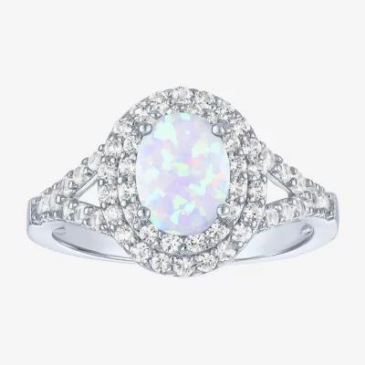 Gemstone and Lab-Created White Sapphire Sterling Silver Oval Double Halo Cocktail Ring Product Image