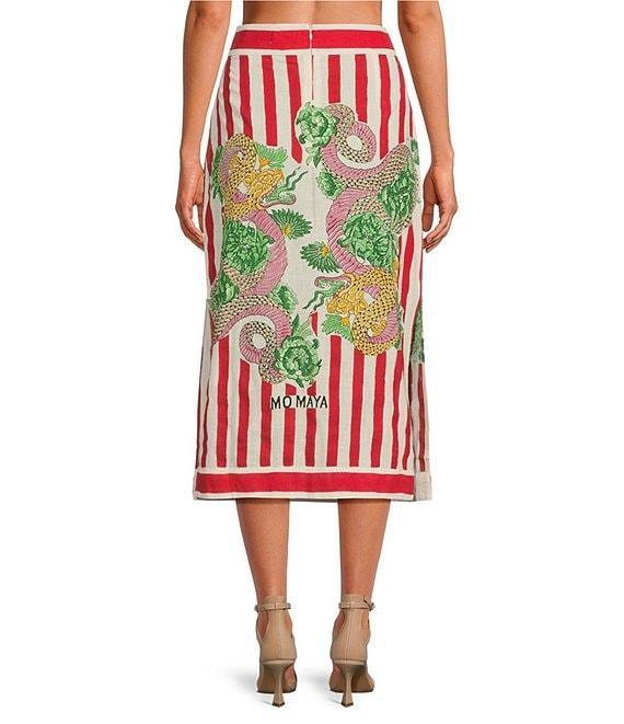 Mo Maya Red Stripe Dragon Print High Rise Pencil Midi Skirt Product Image