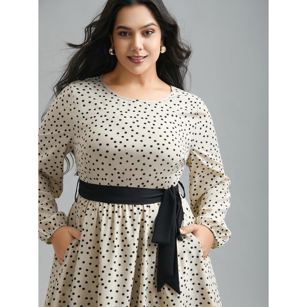Plus Size Round Neck Polka Dot Waist-Tie Midi Dress Apricot Women Elegant Belted Round Neck Long Sleeve Curvy BloomChic 18-20/2X Product Image