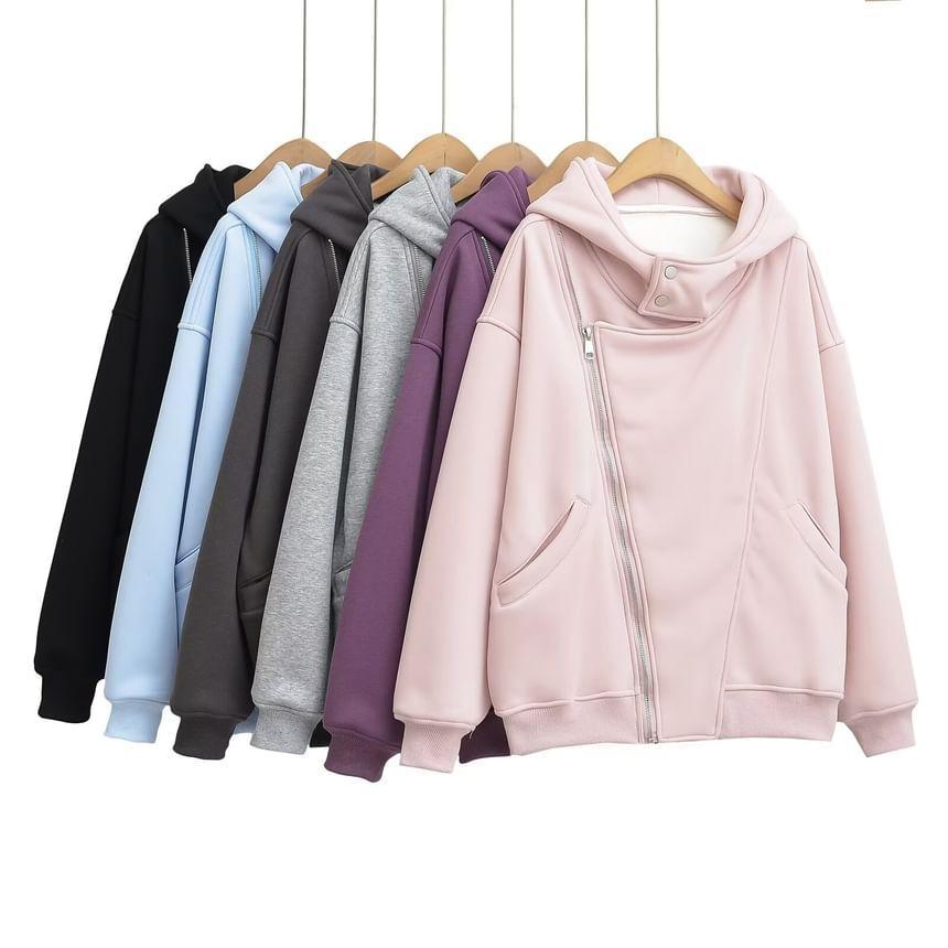 Long-Sleeve Asymmetrical Plain Zip Detail Hoodie Product Image