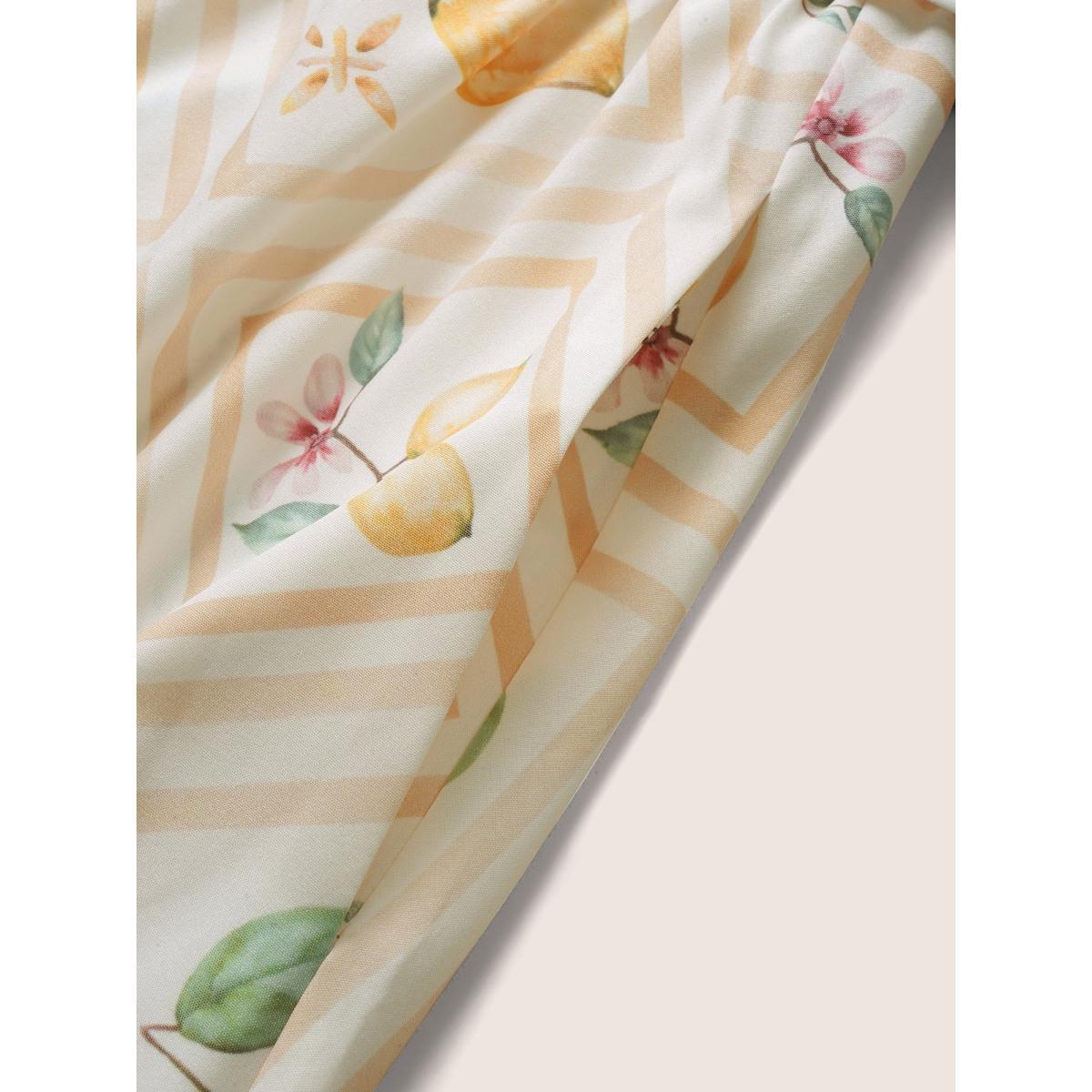 Plus Size Citrus Lemon Print Gathered Belted Tank Dress Ivory Women Elegant Belted V-neck Sleeveless Curvy Midi Dress BloomChic 14-16/1X Product Image