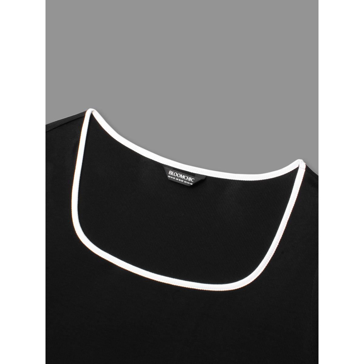 Plus Size Square Neck Contrast Trim T-shirt Black Women Casual Texture Square Neck Bodycon Everyday T-shirts BloomChic 14-16/1X Product Image
