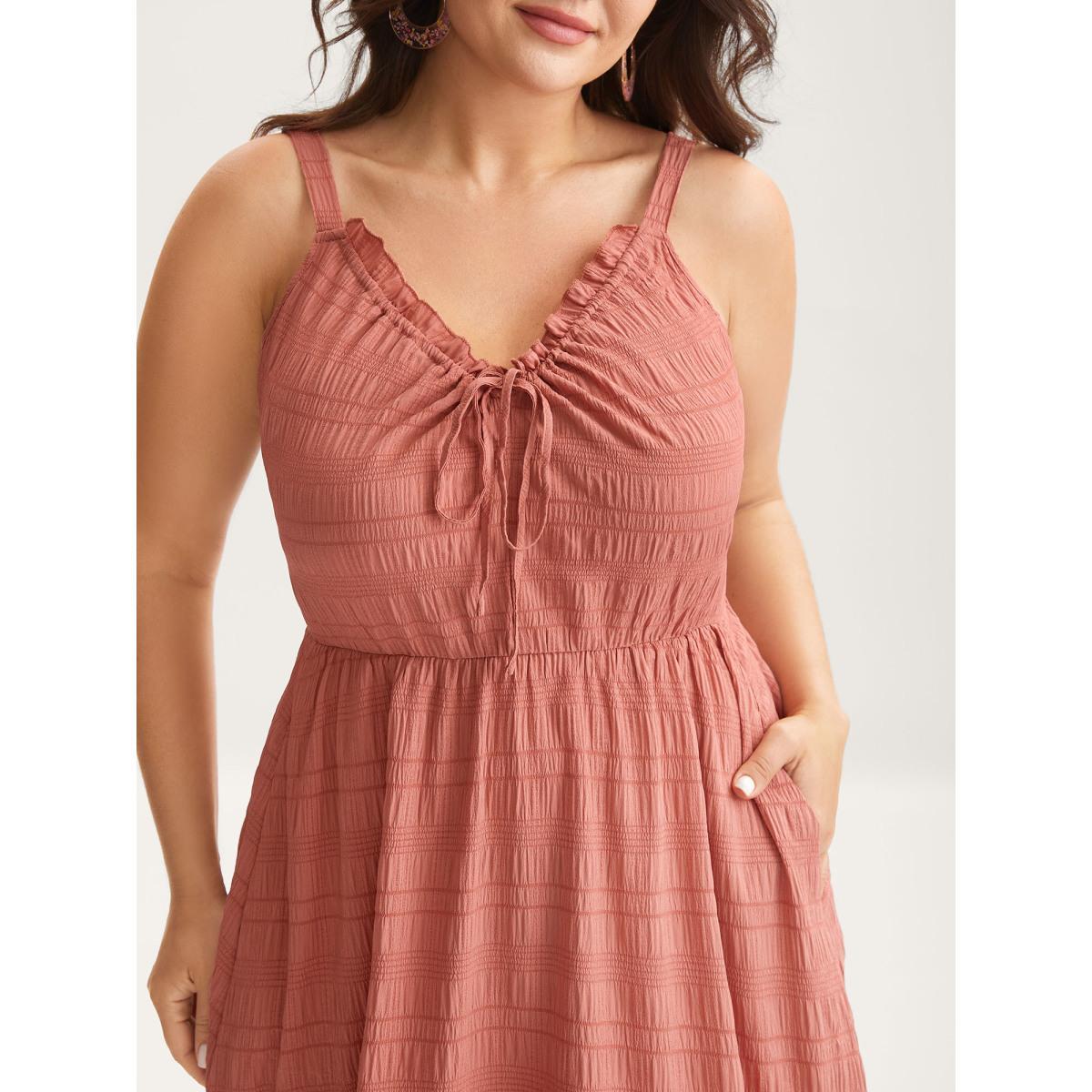 Plus Size Textured Neck-Tie Layered Pockets Midi Dress Rust Women V-neck Sleeveless Curvy BloomChic 18-20/2X Product Image