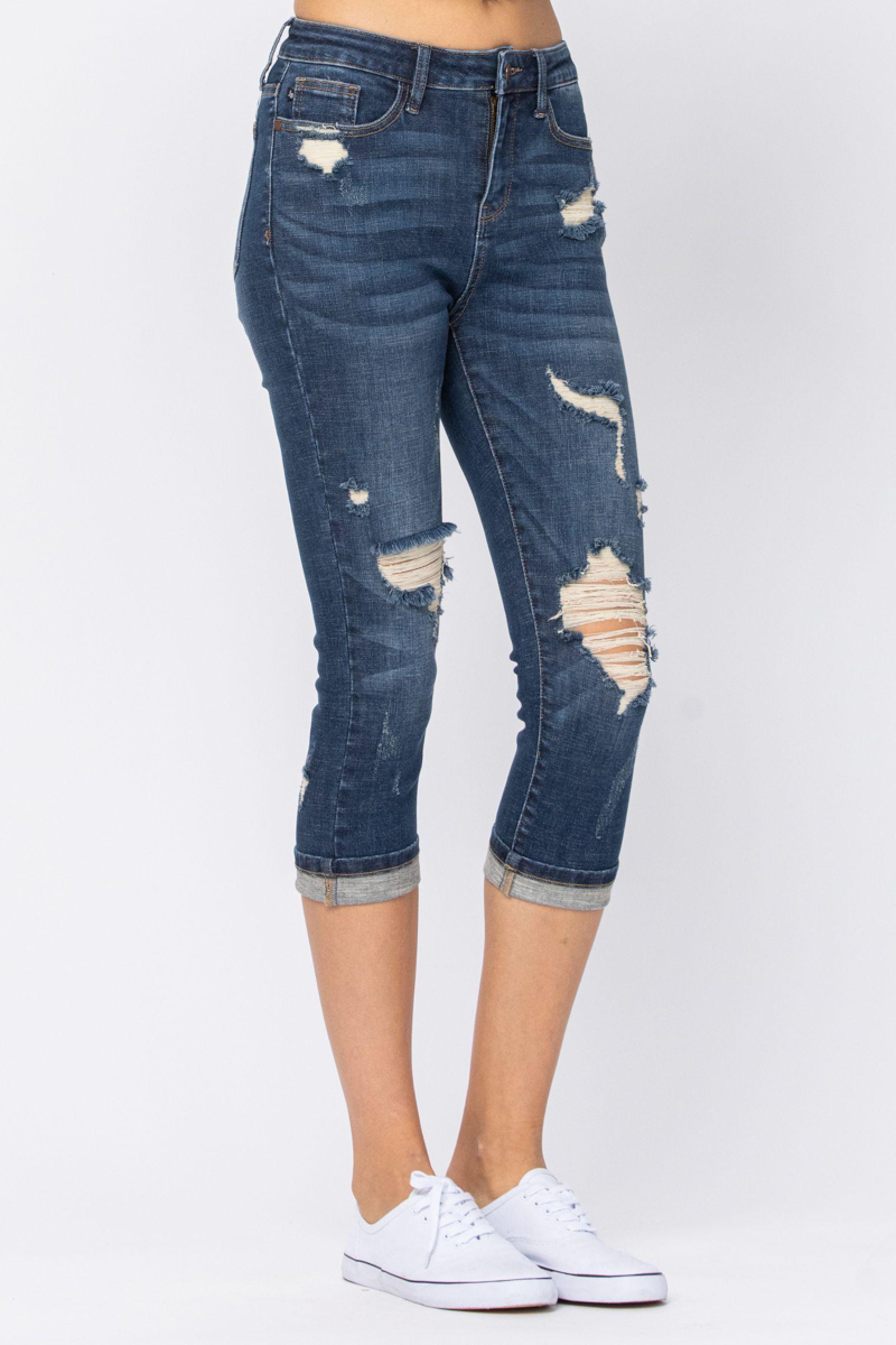 Chevelle Hi-Rise Cuffed Distressed Judy Blue Capri Jeans Product Image