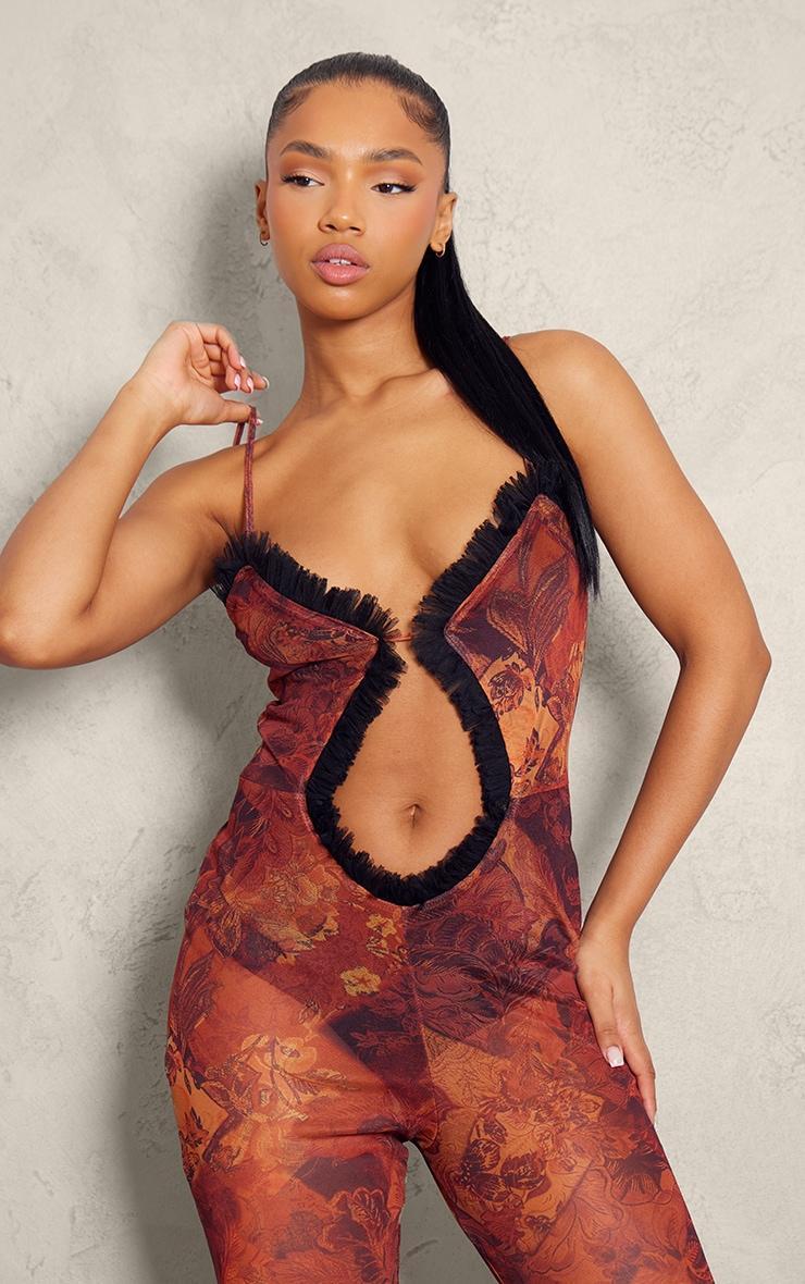 Brown Paisley Print Mesh Cut Out Frill Detail Jumpsuit Product Image