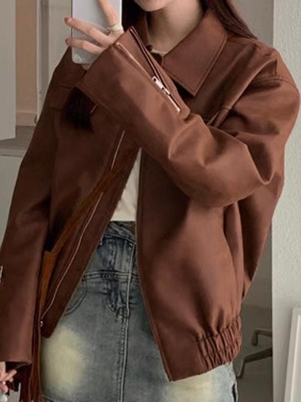 Vintage Brown Zip Up Elastic Hem Leather Jacket Product Image