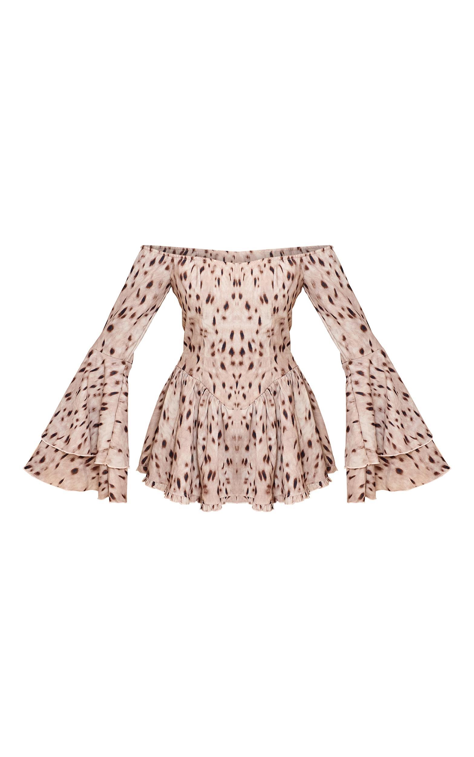 Brown Abstract Print Bardot Flare Sleeve Romper Product Image