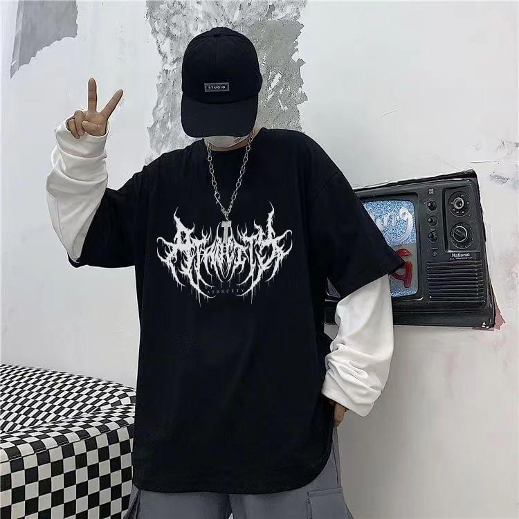 Long Sleeve Crew Neck Printed Mock Two-Piece T-Shirt Product Image